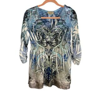 One World Women Blue Graphic 3/4‎ Sleeve Tunic Small Embellished Boho Artsy